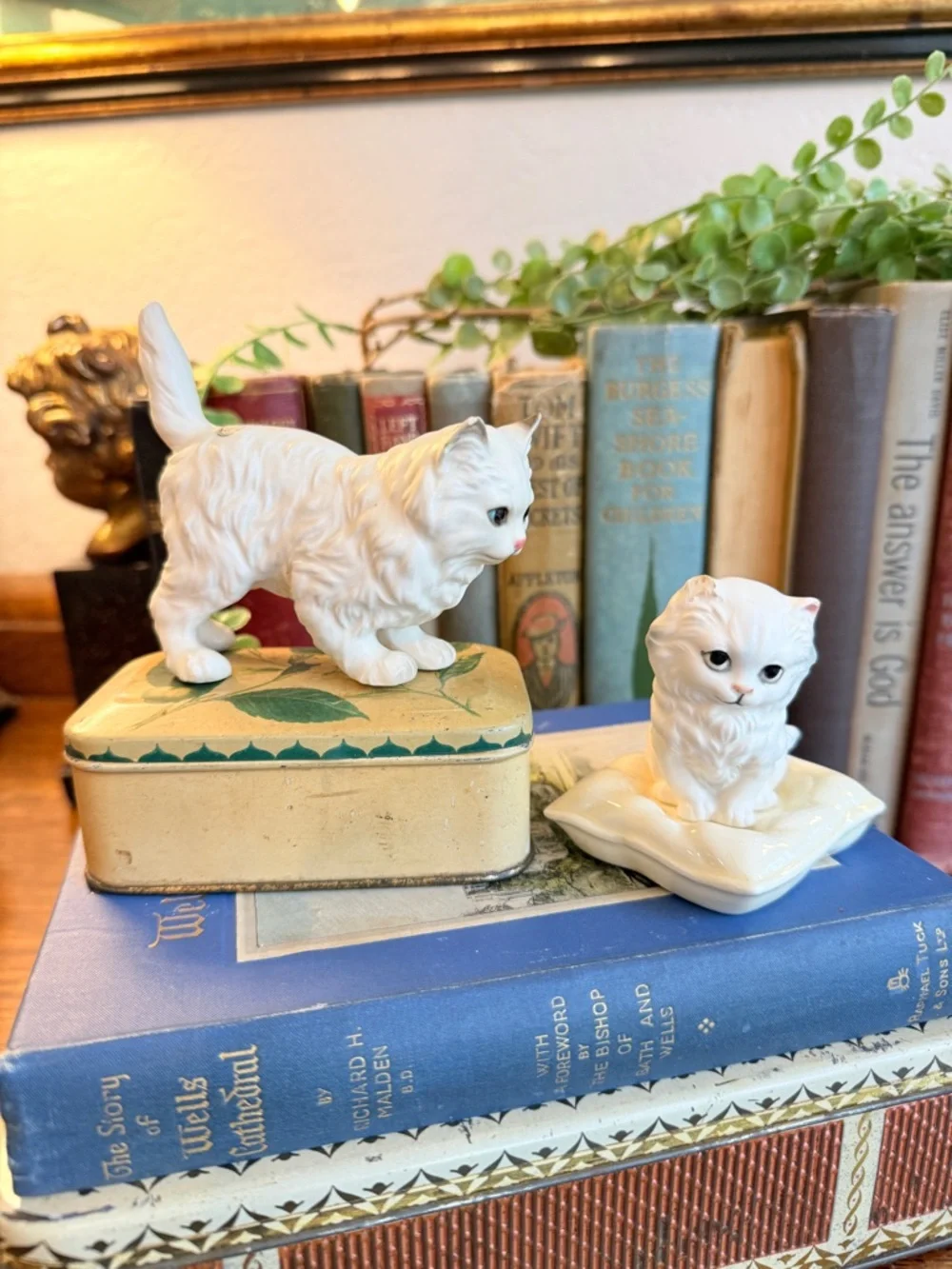 Vintage White Ceramic Kitten on Pillow Figurine with Mama Cat